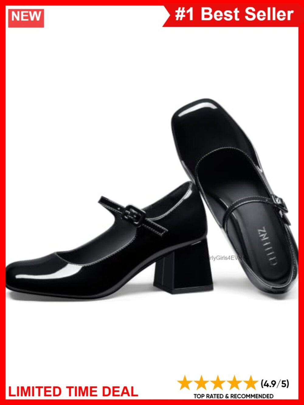 Mary Jane Pumps 2.4 Inch Low Chunky Heel Closed Toe Patent Faux Leather